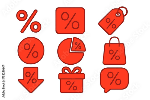 Bundle of Filled Red Percent Icons. Minimalistic Vector Pictograms for Web Design, Apps, Banners, Social Media, Discounts, Sales, Shopping, and Marketing