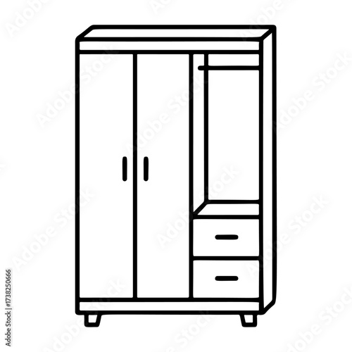 Wardrobe Doodle style. Hand drawn black and white isolated icon. Coloring page, art therapy, line art, logotype. Vector illustration