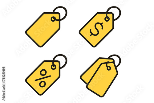 Bundle of colorful yellow price tag icons, minimalistic linear and filled style, vector cartoon set for web design, apps, banners, social media, marketing, ecommerce, shopping