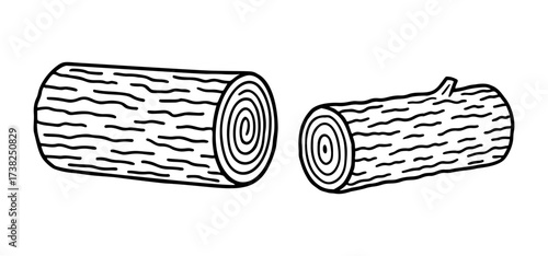 Wood logs Doodle style. Hand drawn black and white isolated icon. Coloring page, art therapy, line art, logotype. Vector illustration