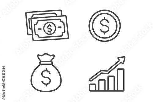 Money and finance icon set. Linear style symbols. Vector cartoon illustration of cash banknotes, dollar coin, savings bag and growth chart. Business investment and profit concept.
