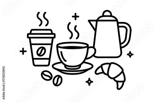 Coffee time outline vector sign with steaming cup, takeout cup with coffee bean icon, coffee pot and croissant, breakfast food illustration for graphic design and web apps