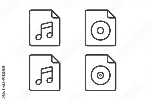 Music file icon set. Audio document linear symbols. Vector outline illustration of song files with musical notes and CD disc icons for web and app design. Isolated pictogram.