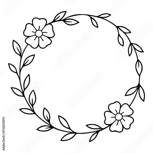 Delicate flower wreath. Outline frames of leaves. Doodle style. Hand drawn black and white isolated icon. Coloring page, art therapy, line art, logotype. Vector illustration