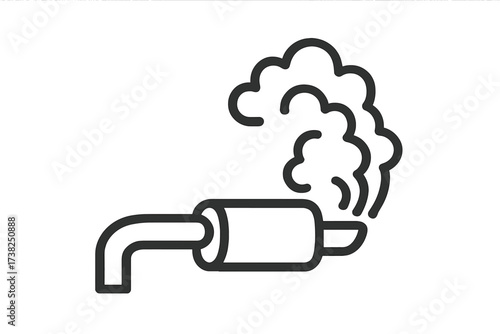 Car exhaust pipe icon with smoke. Fumes, pollution, and emission concept. Vector line art illustration for vehicle service, ecology, and environmental issues. Muffler symbol.