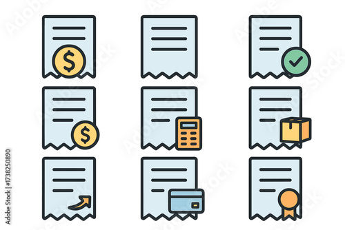 Collection of Filled Color Receipt Icons. Minimalistic Linear Receipt Pictograms for Web, Graphic Design, Apps, Banners, Social Media, Cards, Vector Cartoon Receipts Set