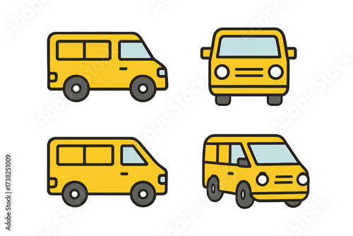Collection of Yellow Van Filled Color Icons, Minimalistic Linear Pictogram Vector Set for Web and Graphic Design, Apps, Banners, Social Network, and Cards with Cartoon Style