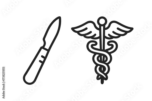 Medical icon set with scalpel and caduceus symbol. Line art vector illustration for surgery, surgeon, or hospital concepts. Healthcare, medicine, and pharmacy logo element.