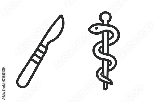 Scalpel and Rod of Asclepius medical icons set. Vector line art illustration for surgery, hospital, doctor, clinic, and healthcare symbol. Medicine and pharmacy logo concept.