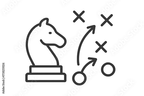 Chess knight strategy icon. Business tactic and game plan concept. Solution and goal achievement. Move, planning, challenge, success. Vector line art illustration diagram.