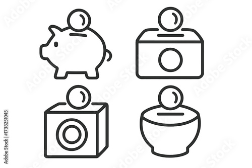 Piggy bank and money box line icon set. Concept of saving money, investment, and finance. Donation and charity symbol. Financial savings and economy pictogram collection.