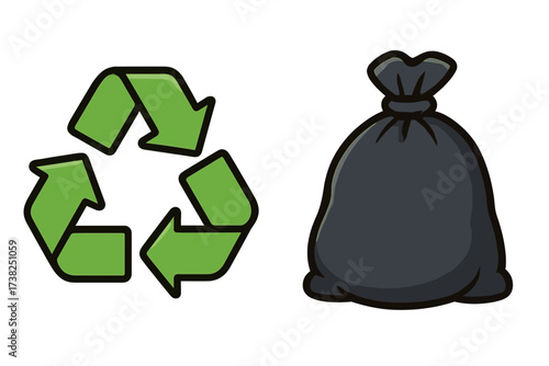 Recycle symbol and trash bag icon set. Waste sorting, garbage management and disposal concept. Eco friendly choice for sustainability. Ecology versus pollution vector illustration.