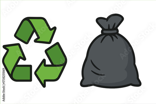 Recycle icon and trash bag vector cartoon illustration. Waste management symbol set. Green recycling logo and garbage sack for ecology, environment, and sustainability concepts.