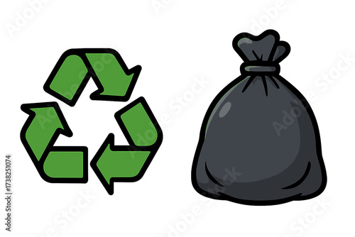 Recycle icon with trash bag. Vector cartoon for waste management, garbage sorting, environmental protection. Ecology, sustainability, reuse, and pollution concept illustration.