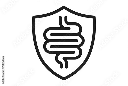 Gut health protection icon, shield with intestine symbol, modern outline style vector, digestive system care, medical and health design, transparent background illustration