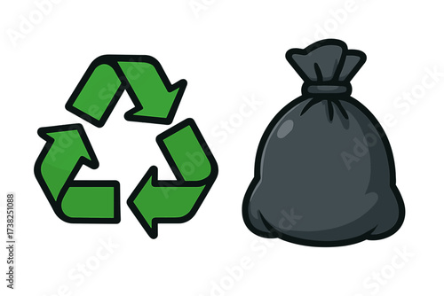 Recycle icon and trash bag vector illustration set. Green recycling symbol for ecology and environment. Garbage sorting and waste management concept. Eco-friendly cartoon graphic.