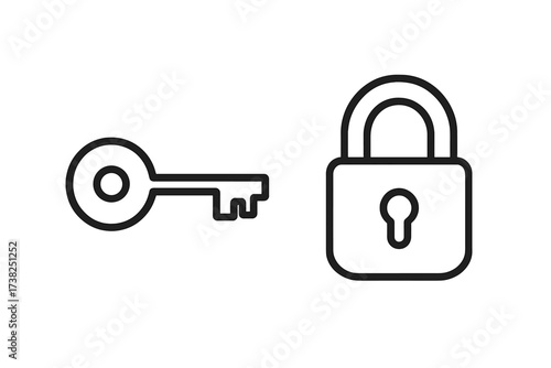 Key and lock line icon for websites, apps, books, cards, vector illustration, security concept, transparent background, minimalist black outline, ordered set, access control symbols