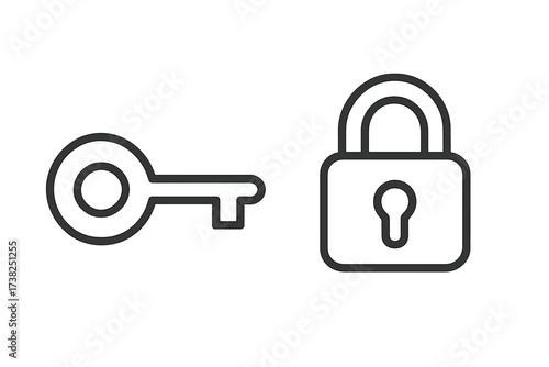 Minimalistic thin line key and lock icon, security symbol, privacy concept, web and graphic design element, vector cartoon illustration for apps, banners, social networks, cards