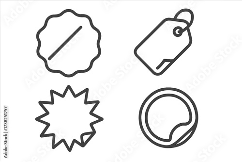 Price tag, sale badge, sticker icon set. Linear vector symbols for discount, promotion, product labeling, business, marketing, ecommerce, branding. Clean simple modern graphic elements.
