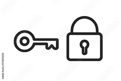 Minimalistic key and lock outline icon, vector cartoon illustration for web design, apps, banners, social networks, cards, security symbol, transparent background