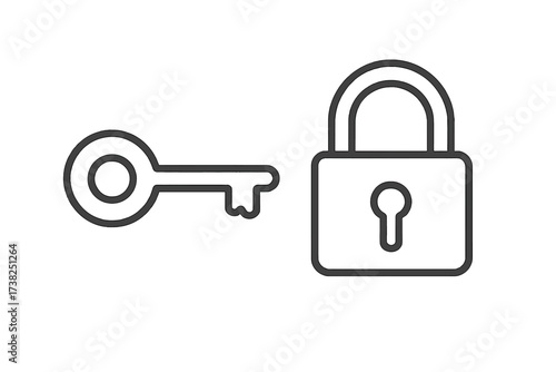 Minimalistic Thin Line Key and Lock Icon, Vector Cartoon Illustration for Web Design, Apps, Banners, Social Media, Cards, Security, Access, and Privacy Concept