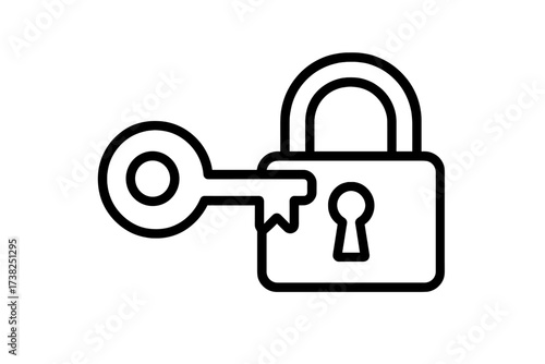 Key in lock icon. Concept of security, access, and unlocking. Vector for safety, privacy, and data protection. Metaphor for finding a solution, success, and opportunity.