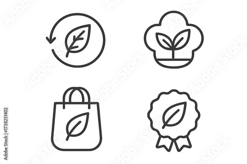Eco friendly icon set. Organic food and natural product symbols. Sustainable living line icons for green lifestyle. Vegan food, bio packaging, and ecology concepts vector.