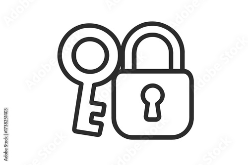 Key and lock outline icon. Concept of security, access, privacy, and protection. Login, password, and data safety symbol. Simple vector illustration for web and apps.