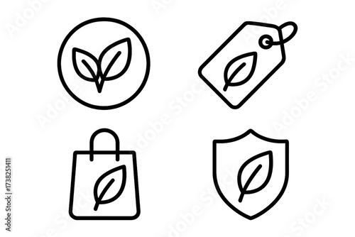Eco friendly icon set. Leaf, shopping bag, shield, label symbols. Organic, natural product, and sustainability concept. Bio, vegan, and environment conservation vector logo.