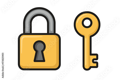 Key and lock icon vector for security concept. Padlock symbol for safety, protection, access, and privacy. Unlock, open, or close a secret. Cartoon illustration design.