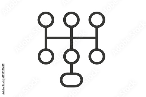 Manual transmission gear shift icon. 6 speed car gearbox symbol. Vector illustration of a stick shift pattern. Automotive part line art pictogram. Speed control sign.
