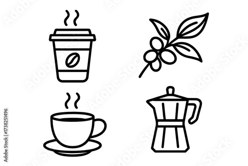 Coffee icon set line art. Vector graphic collection for cafe, menu, apps. Takeaway cup, moka pot, espresso, coffee plant branch. From bean to cup concept illustration.
