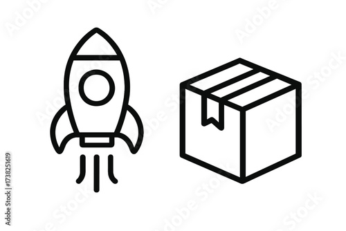 Fast delivery icon. Express shipping with rocket and package box. Concept for e-commerce, logistics, startup launch. Quick parcel service and distribution vector symbol set.