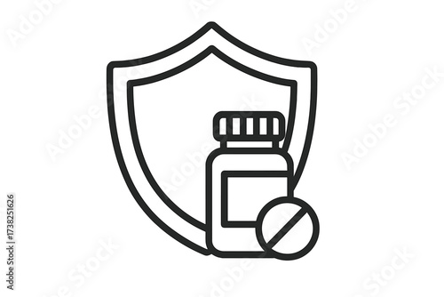 Health protection shield icon with medication. Pharmacy logo concept. Medical insurance and healthcare security symbol. Pills, drugs, supplements vector line art illustration.