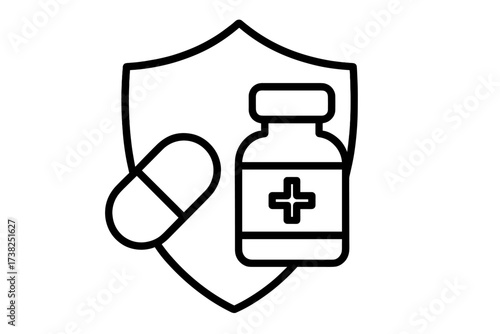 Health insurance shield icon with medicine pill and bottle. Medical protection and healthcare concept. Pharmacy, drug safety, and treatment vector symbol for web and apps.