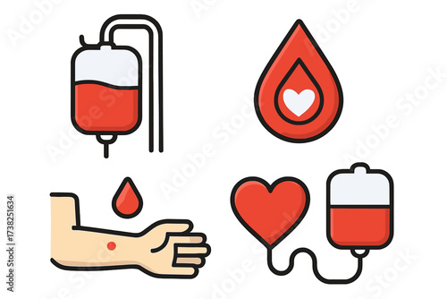 Blood donation vector icon set. Transfusion and charity symbols. Cartoon illustration of a blood bag, drop, arm, and heart for medical, health care, and life-saving concepts.