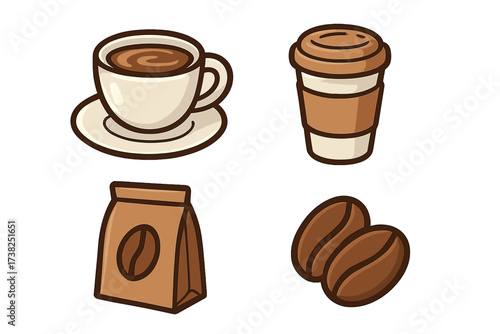 Coffee icon set vector graphic. Minimalist cartoon illustration. Cafe espresso drink symbol. Takeaway cup, beans, paper bag. Beverage caffeine concept for app design element.