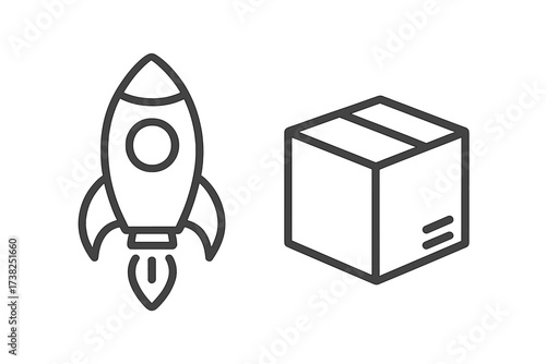 Fast delivery icon with rocket and box. Express shipping and logistics symbol. Concept for e-commerce, startup, product launch, transport, quick service and business growth.