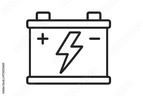 Car battery icon. Automotive power accumulator. Energy, electricity, charge. Car service, vehicle repair. Auto part. Plus minus pole. Voltage concept. Vector outline illustration.