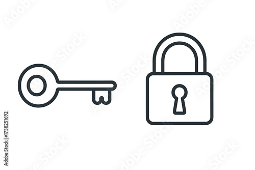Key and lock line icon set. Concept of security and access. Vector illustration for web, apps. Unlocking, opening, privacy, safety, protection. Padlock and keyhole symbol.