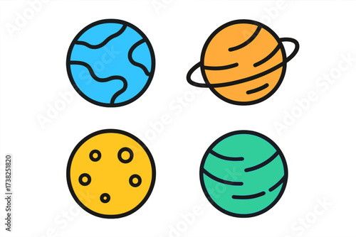 Planet icon set. Solar system cartoon pictogram pack. Earth, Saturn, Moon vector illustration for web, app design. Minimal linear flat graphic element. Astronomy celestial body.
