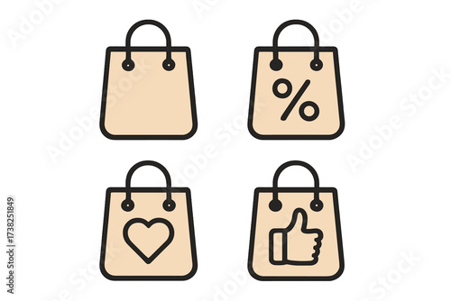 Shopping bag icon set for e-commerce and retail. Vector pictograms for sales, discounts, customer feedback, and favorites. Includes like, heart, and percentage symbols.