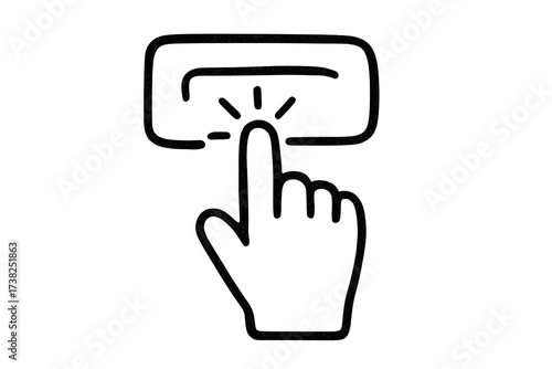 Hand drawn doodle icon of a finger clicking a button. Vector concept for online shopping, e-commerce, and internet marketplaces. Add to cart, purchase, or buy now symbol.