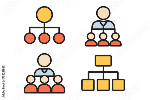 Set of business hierarchy and organization chart icons. Corporate structure pictogram with manager and employee symbols. Teamwork, leadership and workflow management concept vector.