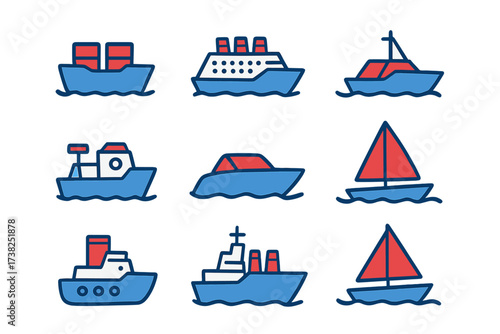 Ship and boat icon set. Vector collection of maritime transport vessels like cargo ship, cruise liner, sailboat, and yacht. Flat linear pictogram pack for web, apps, and design.