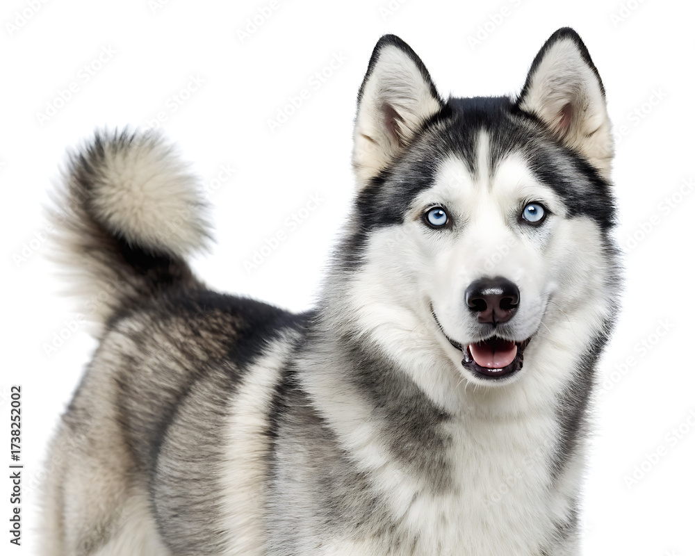 Fototapeta premium A close up of a husky with bright blue eyes and gray and white fur on a white background smiling slightly