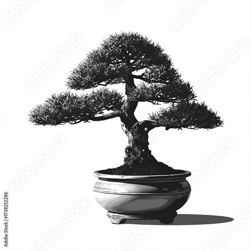Elegant bonsai tree meticulously shaped in a decorative pot, symbolizing patience and natural beauty.