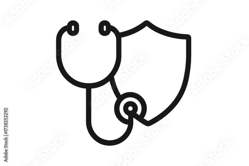 Health insurance icon. Stethoscope and shield symbol. Medical protection and healthcare security concept. Doctor checkup, clinic, hospital logo. Medicine safety guarantee.