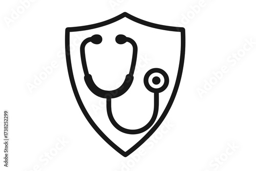 Medical health protection shield with a stethoscope. Health insurance logo concept. Healthcare, safety, medicine symbol. Vector illustration for a doctor, hospital, or clinic.