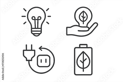 Green energy icon set. Eco friendly power concept. Renewable electricity, sustainable technology. Ecology line icons. Leaf in lightbulb, charging plug, eco battery vector.